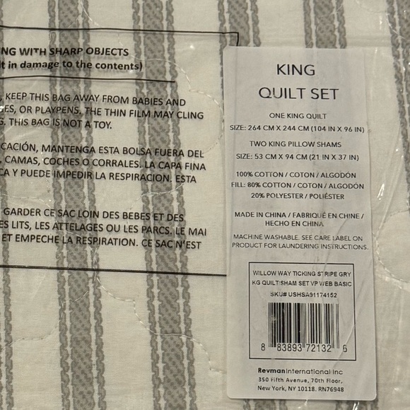 100% Cotton Stone Cottage King Quilt (Gray/White Stripe) - Picture 4 of 8